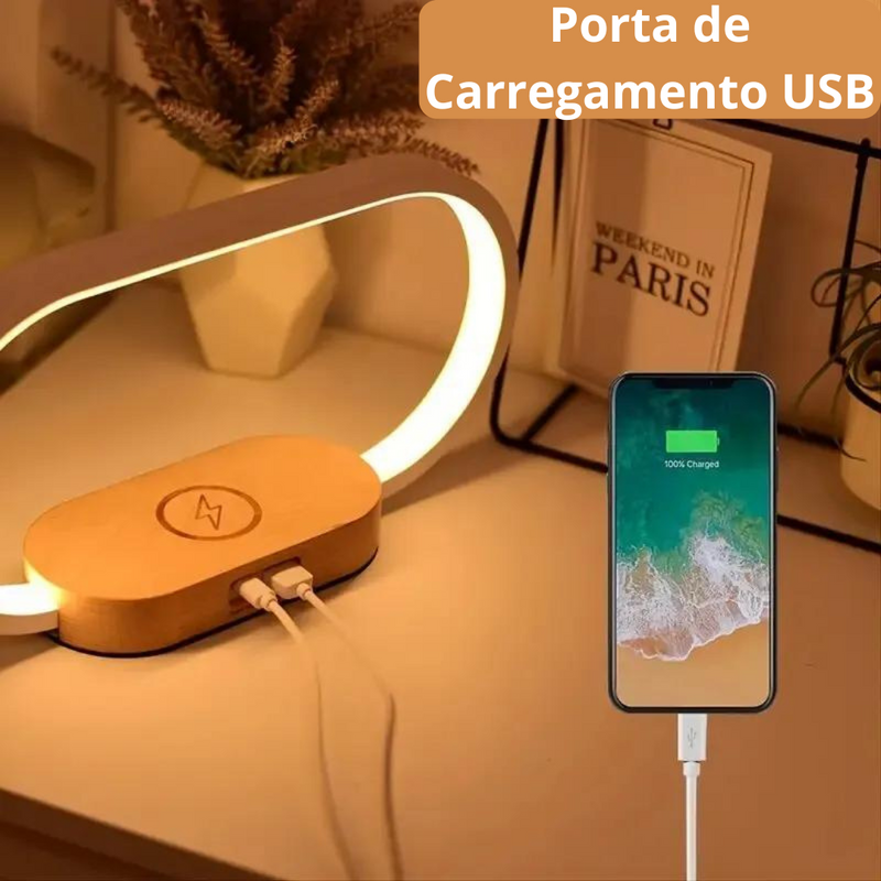 Luminária de Mesa com carregamento sem fio USB e Relógio Led